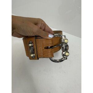 Vintage Doppia Vita Adoppia Vita Brown Leather Italy Belt Big Buckle Sz 100 M/L